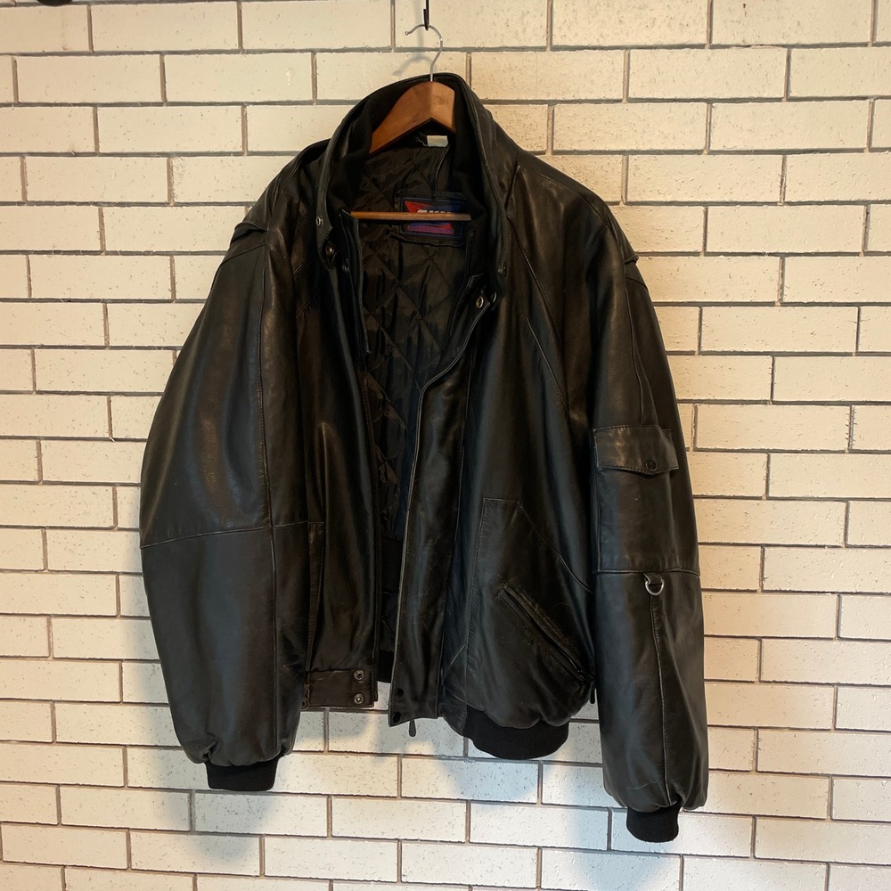 Vintage GKK International Black Leather Bomber Jacket Utility Flight Coat Mens